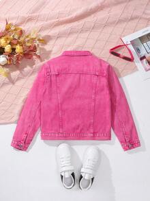 Tween Girl Boho Casual Street Medium Wash Ripped Destroy Denim Jacket, Daily Fashion - Pink - View 2