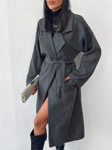 EURMUSE Lapel Neck Oversized Side Pocket Detailed Belted Smart Casual Overcoat - Grey - View 1