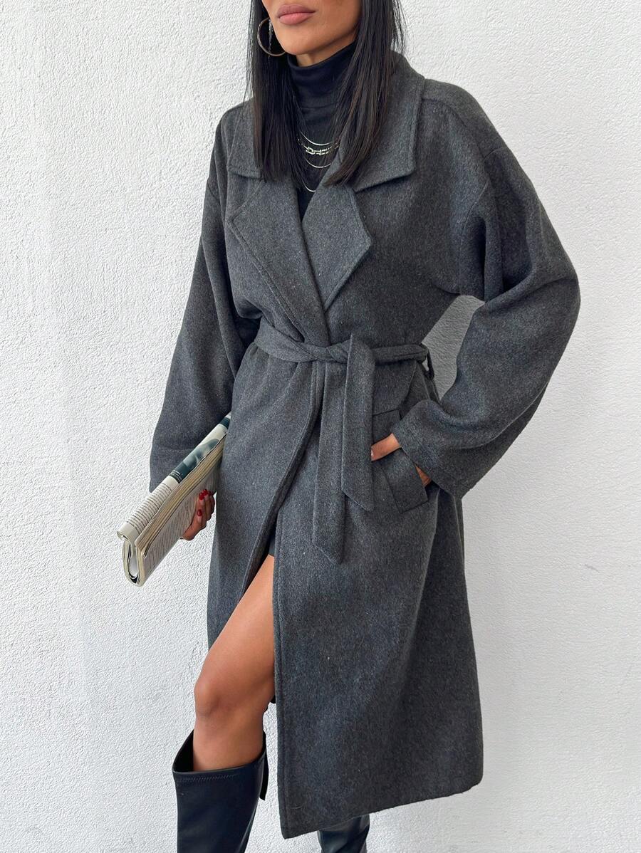 EURMUSE Lapel Neck Oversized Side Pocket Detailed Belted Smart Casual Overcoat - Grey - View 1