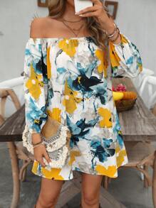 SHEIN VCAY Váy chữ A hở vai in họa tiết đơn giản cho kỳ nghỉ mùa thu/đông dành cho nữ - Nhiều màu - Xem 1