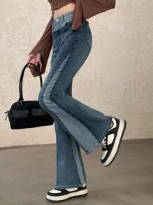 FRIFUL Women's Distressed Hem Pocket Flared Casual Denim Jeans