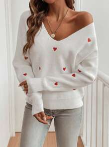 EMERY ROSE Casual Heart Pattern Dolman Sweater, Spring & Fall,Long Sleeve Tops, Knit Pullover Fall Winter - White - View 5
