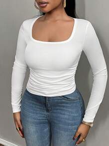 Slaydiva 2024 新款白色方领收褶侧边罗纹女式长袖 T 恤 - 白色 - 查看 8