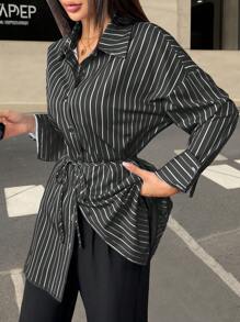 SHEIN Unity 休闲条纹长袖超长系带纽扣衬衫