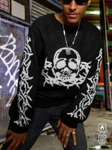 Manfinity Roughcore Áo len nam dài tay cổ tròn in hình đầu lâu - màu đen - Xem 4