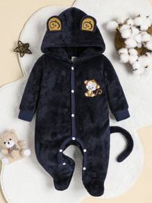 Infant Cute Cartoon Monkey Embroidered Fleece Romper Pajamas - Royal Blue - View 1