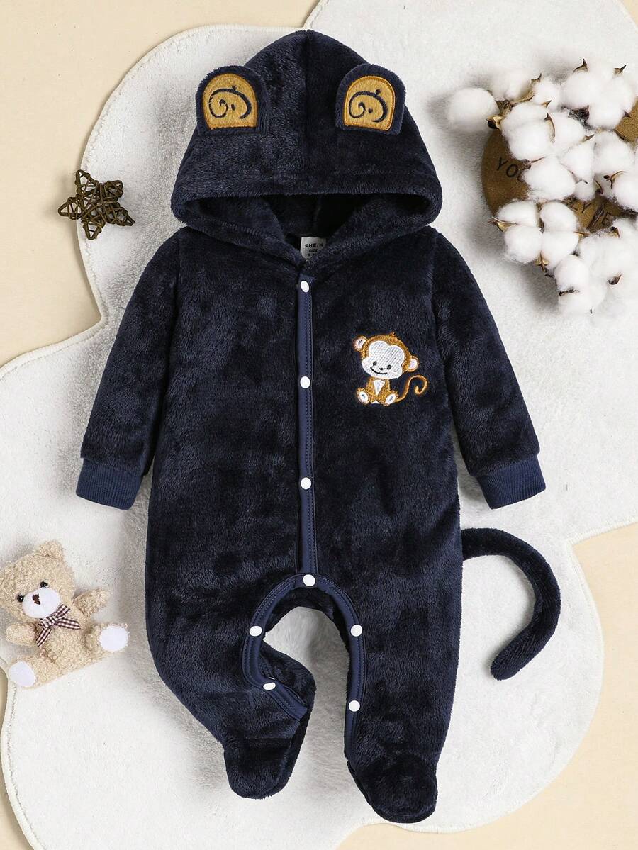 Infant Cute Cartoon Monkey Embroidered Fleece Romper Pajamas - Royal Blue - View 1