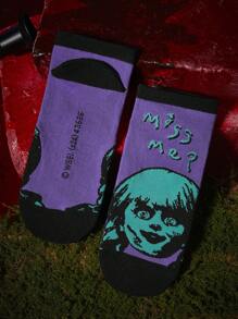 ANNABELLE x SHEIN 2 piezas/Juego Medias de tobillo con estampado de figura humana espeluznante y letras para Halloween para mujer