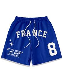 Aesthetic Post--Men Slogan Print Drawstring Waist Casual Loose Shorts - Blue - View 4