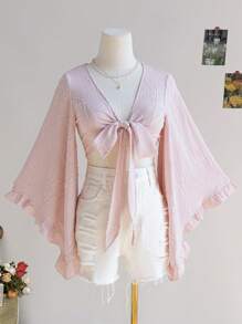 Soleia 女士波西米亚音乐节柳叶纹理系带喇叭袖荷叶边袖口衬衫，七分袖上衣