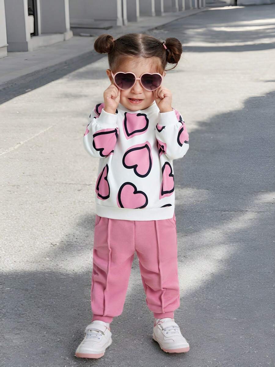 SHEIN Đứa bé gái In Trái tim Áo nỉ & Đường may Chi tiết Quần thể thao - Hồng - Xem 1