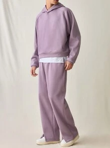Manfinity RebelGame 2 件套男士时尚休闲宽松套头连帽衫运动衫和松紧腰直筒裤运动服套装 - 紫色 - 查看 5