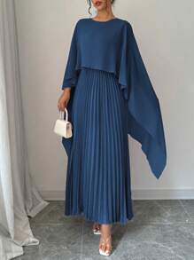 Rafferiza Đầm Maxi Rộng Xếp Ly Cổ Tròn Cánh Dơi Màu Trơn Cho Nữ Trang Phục Nữ Thanh Lịch & Quyến Rũ - Màu xanh lam - Xem 3