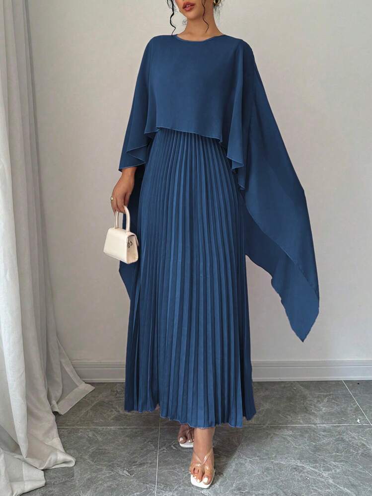 Rafferiza Robe longue ample plissée, élégante et charmante, à encolure ronde et manches chauve-souris, en couleur unie pour femme - Bleu azur - Voir 3