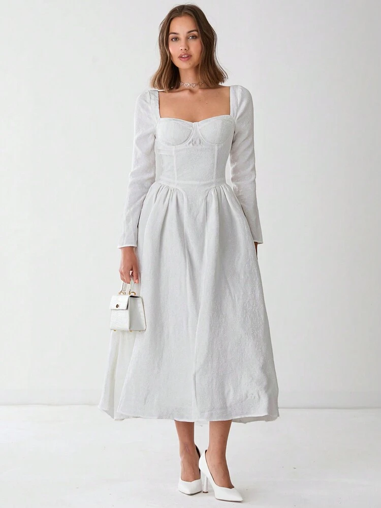 Women's Solid Sweetheart Collar Long Sleeve Elegant Dress, Spring & Summer