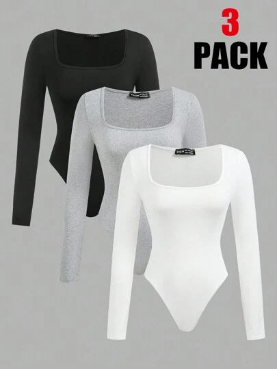 SHEIN EZwear Set di 3 pezzi di body eleganti da donna a collo quadrato, a maniche lunghe e aderenti, in colore unito