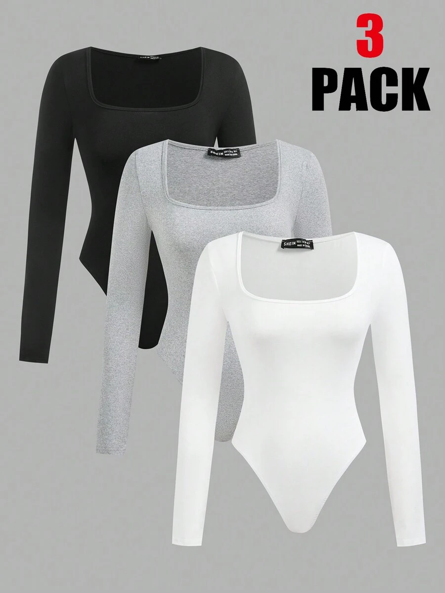 SHEIN EZwear 3件套女士方领长袖修身优雅纯色连体衣套装 - 彩色 - 查看 1