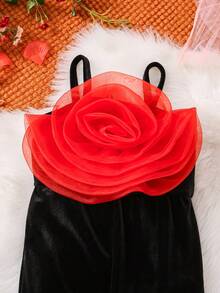 SHEIN 女婴3D立体花卉网纱连体衣，优雅可爱设计，休闲日常穿着，秋冬季 - 彩色 - 查看 7