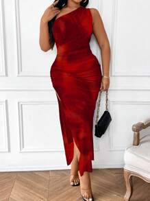 SHEIN Clasi 加大码纯色不对称褶皱开衩下摆无袖连衣裙长款女装 - 彩色 - 查看 1