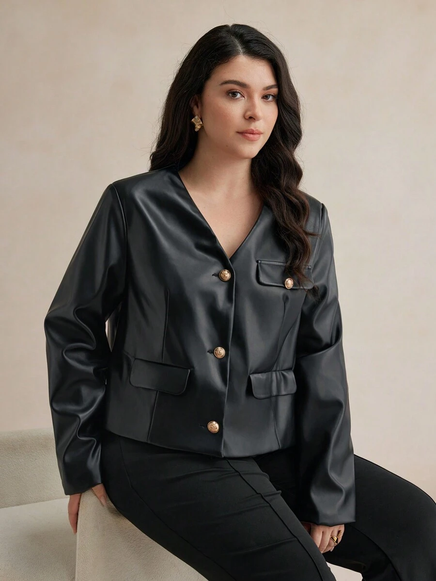 BizChic Chaqueta casual de manga larga con cuello en V, botones frontales y de piel de PU, talla grande - Negro - Ver 1