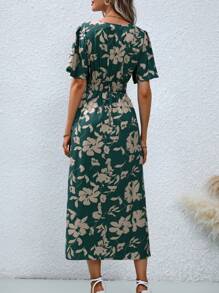 SHEIN LUNE 女士 V 领短袖全身印花开衩优雅优雅中长连衣裙长款女装 - 彩色 - 查看 2