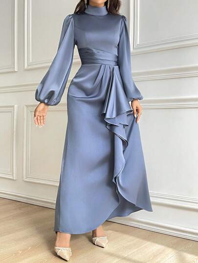 Modelyn 女士纯色立领荷叶边优雅长袖连衣裙长款晚礼服