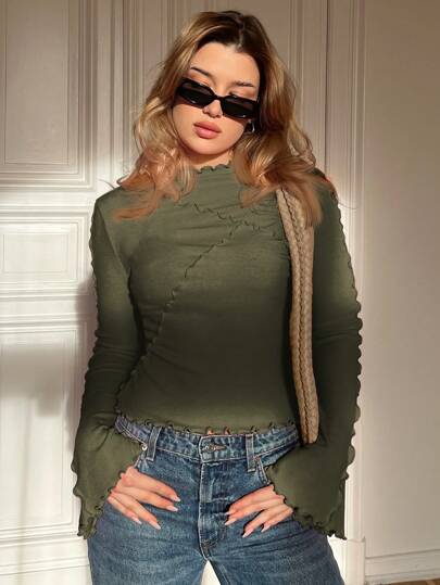 Siren Gaze Women's Solid Color Ruffled Collar Long Sleeve Ribbed Casual T-Shirt, Spring & Summer Winter Green Christmas