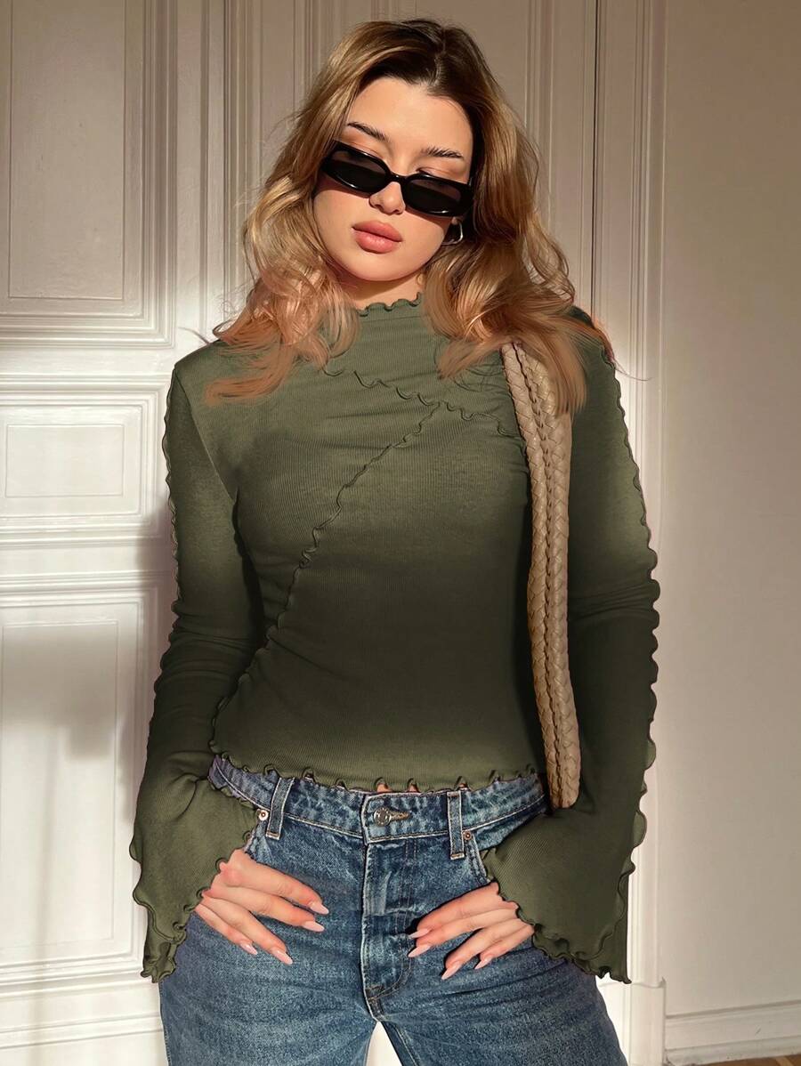 Siren Gaze Women's Solid Color Ruffled Collar Long Sleeve Ribbed Casual T-Shirt, Spring & Summer Winter Green Christmas - Army Green - View 1