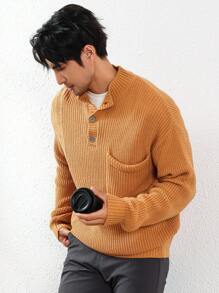 Manfinity Homme Suéter Casual de Manga Longa de Cor Sólida com Bolso, para Homens - Caqui - Visão 5