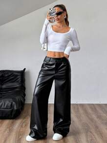 SHEIN Unity 女式时尚 PU 皮革休闲直筒裤，带口袋 - 黑色 - 查看 6