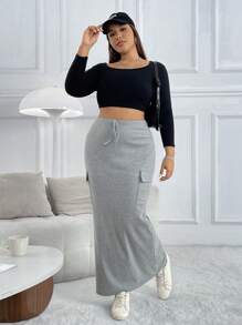 SHEIN EZwear Váy dài thường ngày có túi hộp màu trơn cỡ lớn cho nữ - Xám - Xem 4