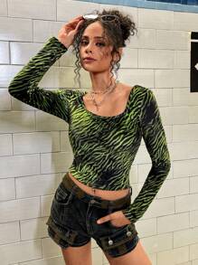 Livia Canto Studio 艺术家 Y2K、街头服饰、休闲、动物印花、斑马印花长袖修身女士衬衫、节日、感恩节 - 彩色 - 查看 5