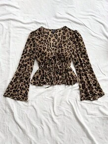 Soleia Women's Vacation Leopard Print Button-Front Tie-Bow Ruffle Hem Flare Sleeve Blouse, Fall Women Clothes,Halloween Customs Women,Concert/Thanksgiving Outfits