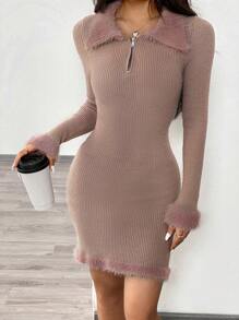 Chiquease Plain Zipper Fluffy Patchwork Ribbed Knit Long Sleeve Sweater Dress Fall Cloth For Women - Khaki - View 6