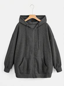 CovetEZ Plus Size Solid Color Hooded Zipper Front Long Sleeve Sweatshirt Sweatshirt - Dark Grey - View 1