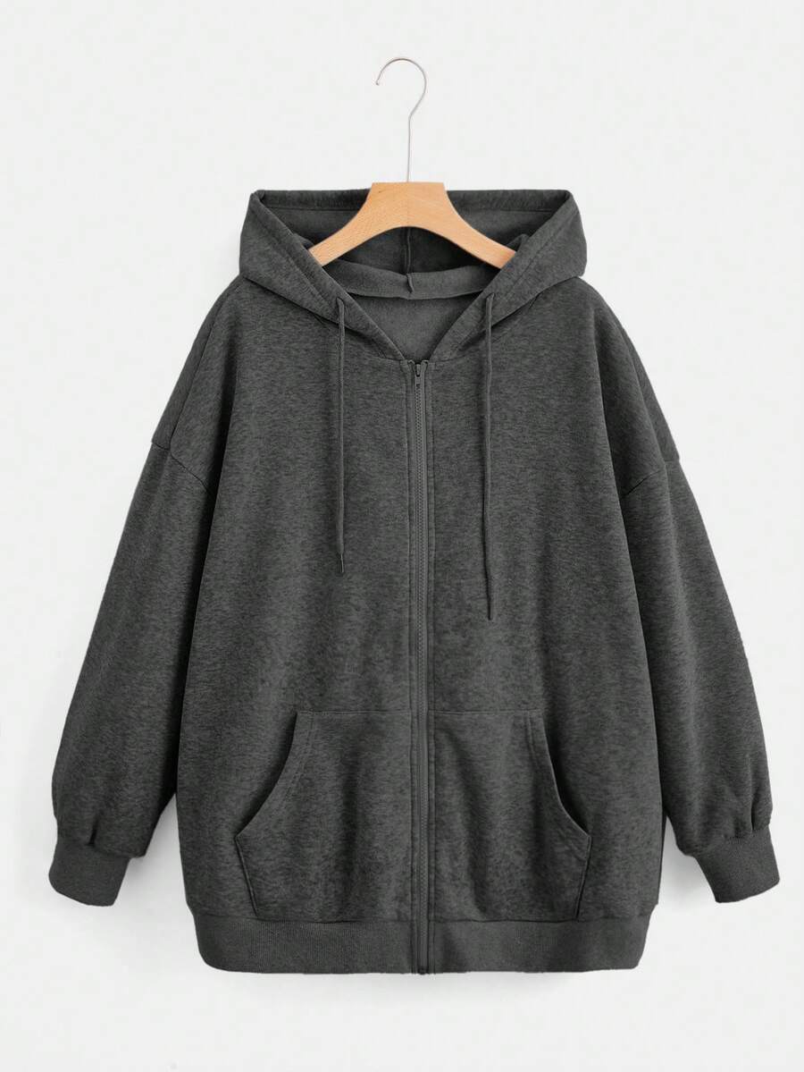 CovetEZ Plus Size Solid Color Hooded Zipper Front Long Sleeve Sweatshirt Sweatshirt - Dark Grey - View 1