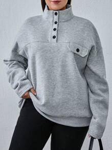 RueChic 100% Cotton Plus Cottnline Drop Shoulder Button Down Flap Sweatshirt - Grey - View 4