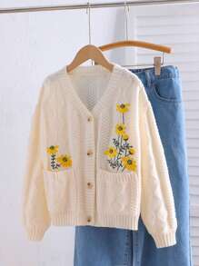 SHEIN Leap Crew Tween 女童休闲针织 V 领长袖刺绣开衫 - 杏色 - 查看 3