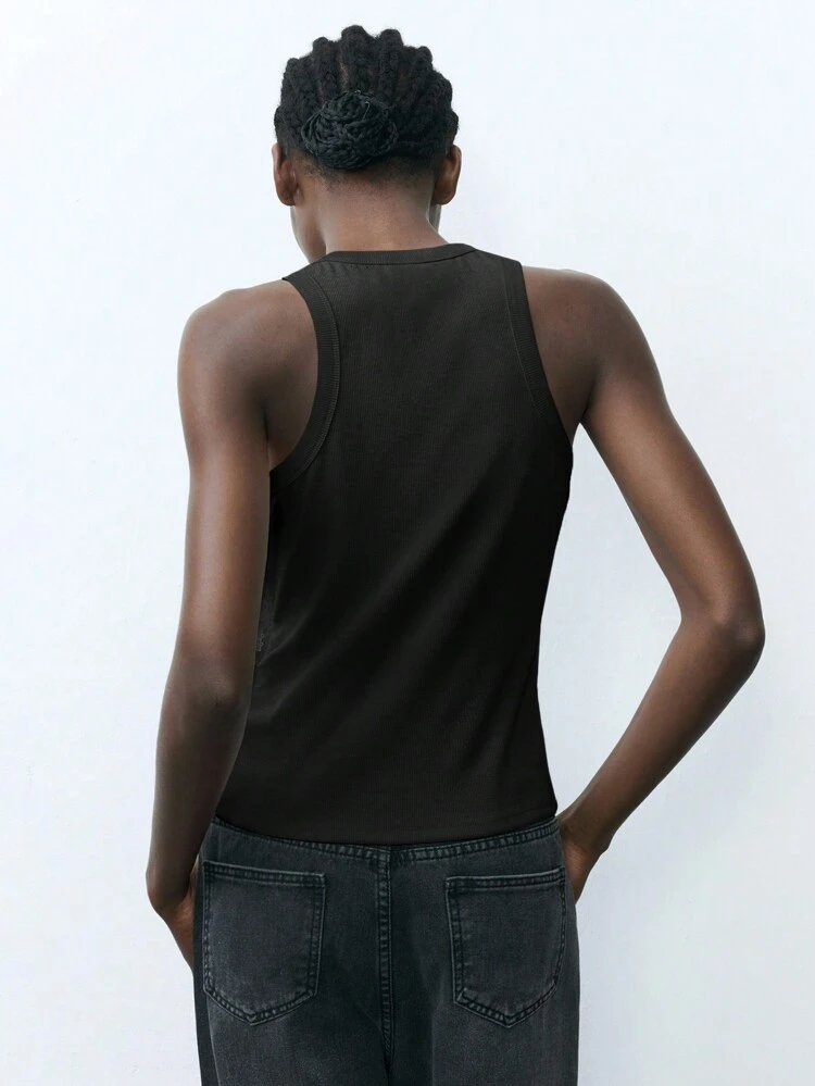 SHEIN Maija Débardeur casual femme à col rond, avec épissure noire brillante et décoration de paillettes. Design urbain moderne, idéal pour l'automne, Noël, la Saint-Patrick, Pâques, les fêtes, la plage, les vacances d'été, les sorties