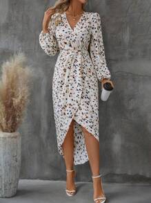 Chiquease 女式优雅 V 领褶皱下摆开衩花卉印花长袖连衣裙，春夏 - 杏色 - 查看 6