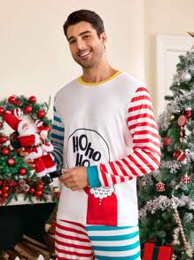 圣诞老人卡通图案可爱男士睡衣套装，秋冬服装