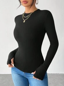 SHEIN PETITE Half Turtleneck, Small Turtleneck, High Elastic Knitted Thermal Lined Composite Velvet Long-Sleeved Women's T-Shirt, Suitable For Keeping Warm In Autumn And Winter.