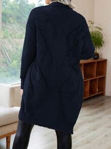 SHEIN LUNE 大码女式纯色落肩长袖休闲开衫，秋冬 - 藏蓝色 - 查看 2