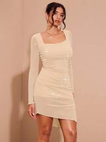 Glamine Vestido Elegante Feminino com Brilho na Barra e Cordão Lateral, Nude - Damasco - Visão 3