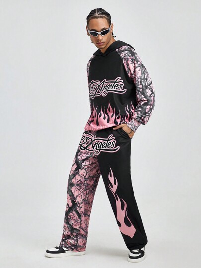 Street Life سويت شيرت بقلنسوة وسراويل رياضية كاجوال للرجال للربيع والخريف مطبوع عليه حروف وفرع وأكمام راجلان