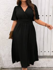 Celure Đầm Maxi Tay Phồng Cổ Chữ V Màu Trơn Mùa Hè Cho Nữ Size Lớn Trang Phục Nữ - màu đen - Xem 1