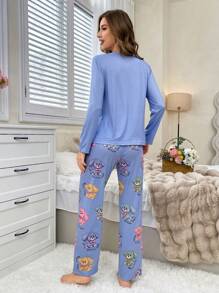 1 conjunto Pijama de mujer con parte superior de manga larga de cuello redondo y pantalones con estampado de perros