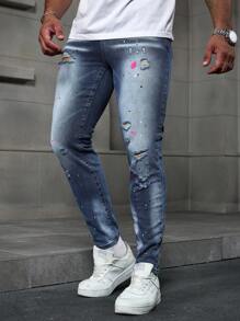 Manfinity Homme 男士褪色洗水牛仔紧身牛仔裤 磨边修身破洞牛仔裤，适合送给老公、男朋友的礼物 - 淺色水洗藍 - 查看 3