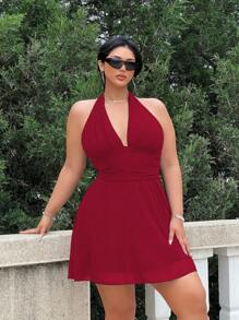 Flirla Plus Size Cross Front Backless Sleeveless Solid Color Chiffon Dress - Burgundy - View 5