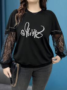 SHEIN LUNE 大码女式字母印花圆领撞色蕾丝长袖休闲运动衫 - 黑色 - 查看 5